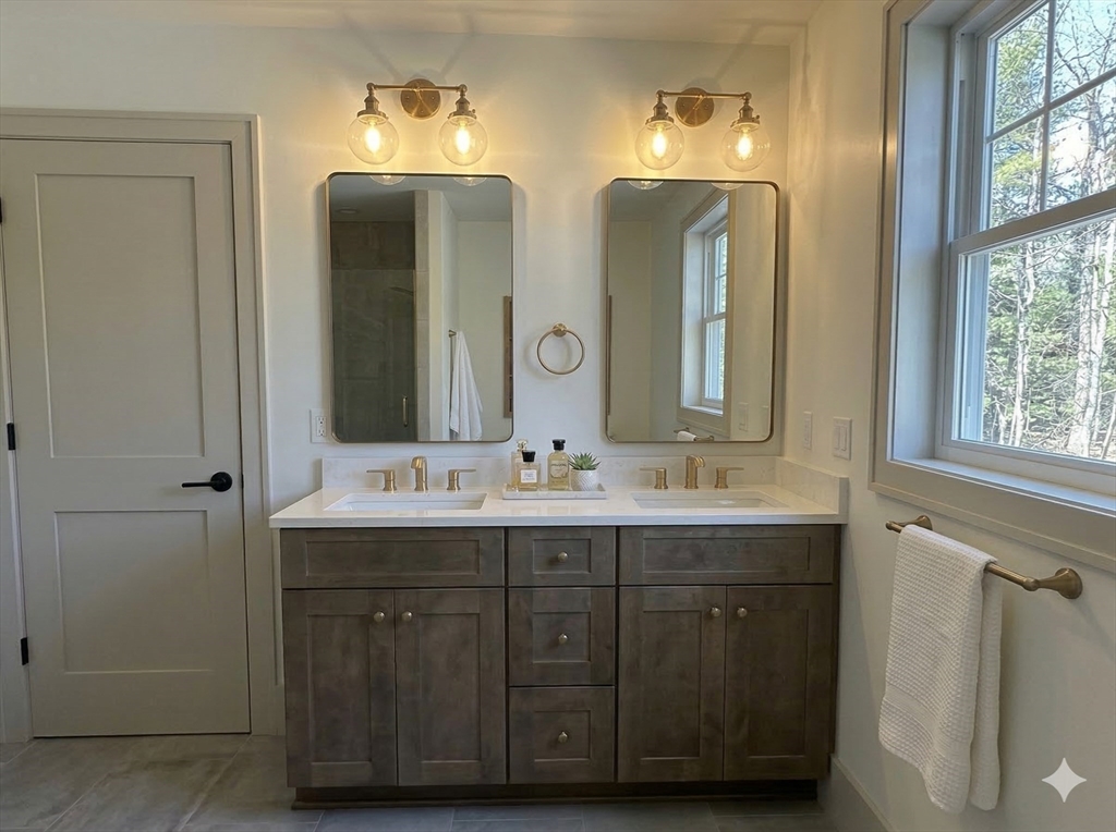 104 Page Road Bedford, MA 01730 - Photo 13 of 24 a bathroom with double sink and a mirror