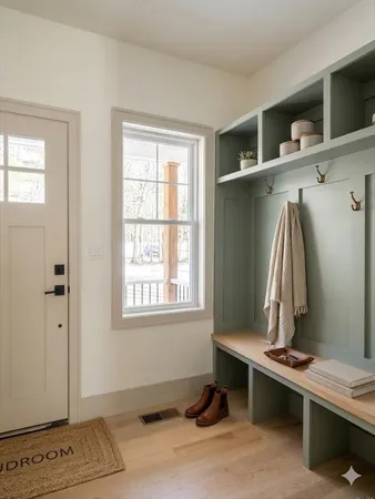 a room with a window and gym equipment