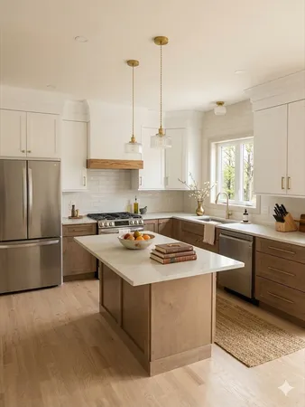 a kitchen with a sink a stove a refrigerator and white cabinets