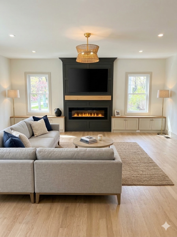 104 Page Road Bedford, MA 01730 - Photo 7 of 24 a living room with furniture a fireplace and a chandelier