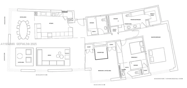 a living room with furniture and a table