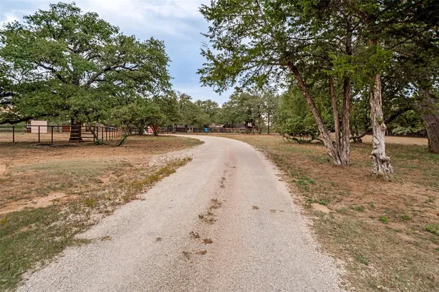 a view of dirt yard with a trees