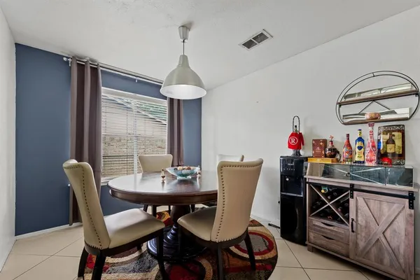 a view of a dining room with furniture window and outside view
