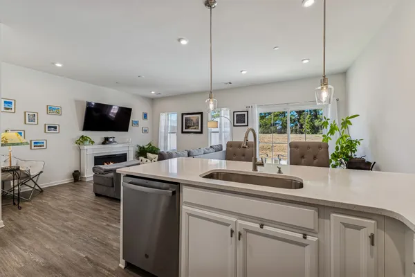 a kitchen with kitchen island a counter top space appliances and a potted plant