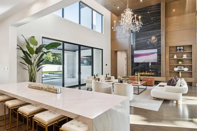 a living room with fireplace furniture and a potted plant