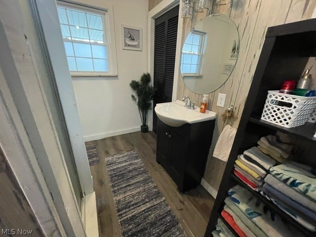 57285 New Castle Road Jerusalem, OH 43747 - Photo 15 of 38 Bathroom with plenty of natural light, vanity with extensive cabinet space, and hardwood / wood-style floors