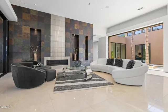 a view of a dining room with furniture