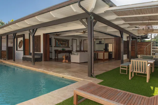 a outdoor dining space with furniture