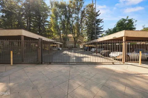a view of a park with large trees