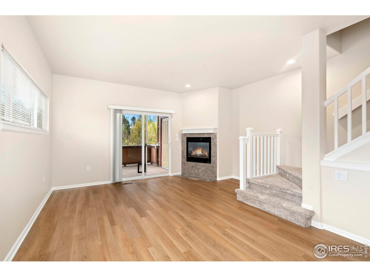 1221 East Prospect Road, Unit 5 Fort Collins, CO 80525 - Photo 8 of 38 Fireplace and Glass Sliding Door to Balcony w/Views of Spring Creek Trail
