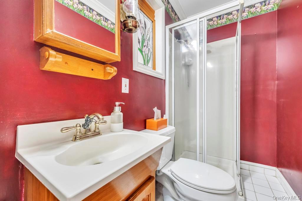 89 Van Brunt Manor Road Setauket, NY 11733 - Photo 28 of 41 a bathroom with a sink a toilet and shower curtain