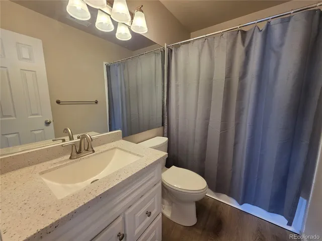 a bathroom with a granite countertop sink toilet and a mirror