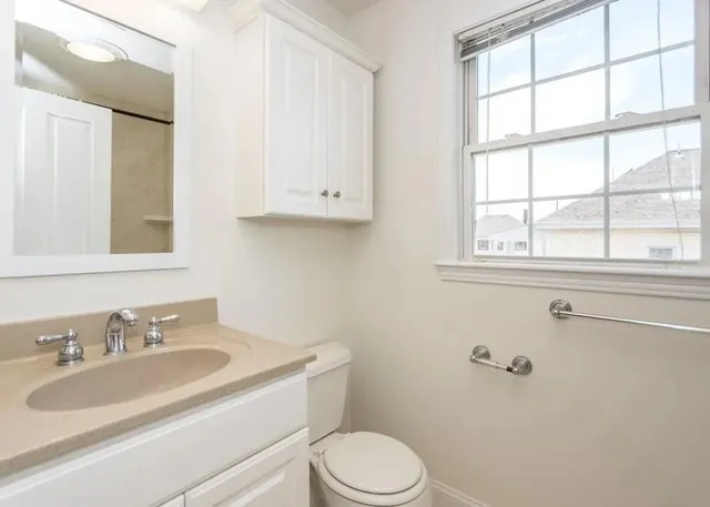 a bathroom with a sink toilet vanity and a mirror