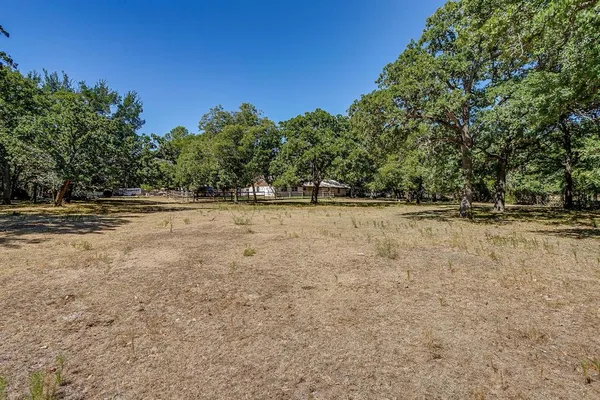 a view of a field with trees in the background