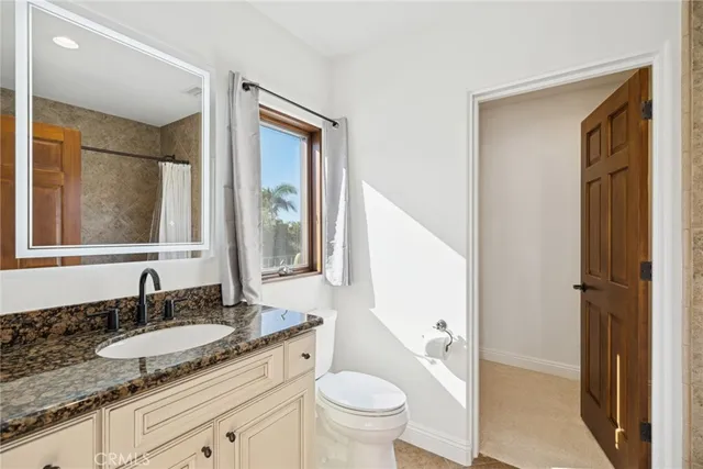 a bathroom with a granite countertop sink toilet and shower