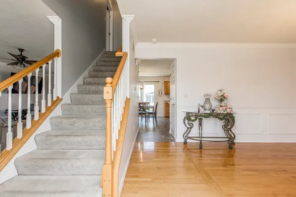 a view of entryway and hall with wooden floor