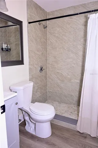 a white toilet sitting next to a shower curtain