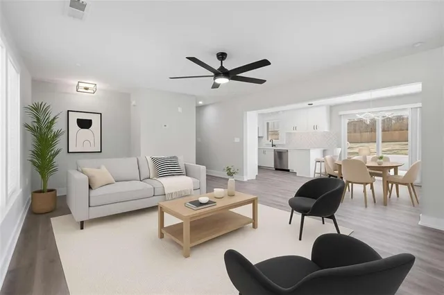 a view of a dining room with furniture window and outside view