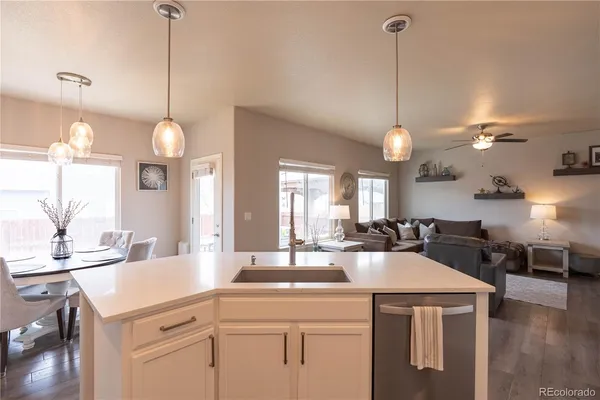a kitchen with kitchen island a sink a counter space and living room view