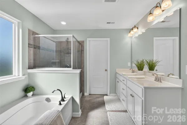 a bathroom with a tub sink and mirror