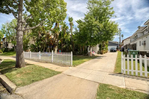 a view of a backyard with large trees