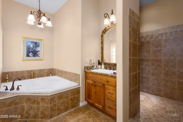 a bathroom with a granite countertop sink a mirror a vanity and a shower