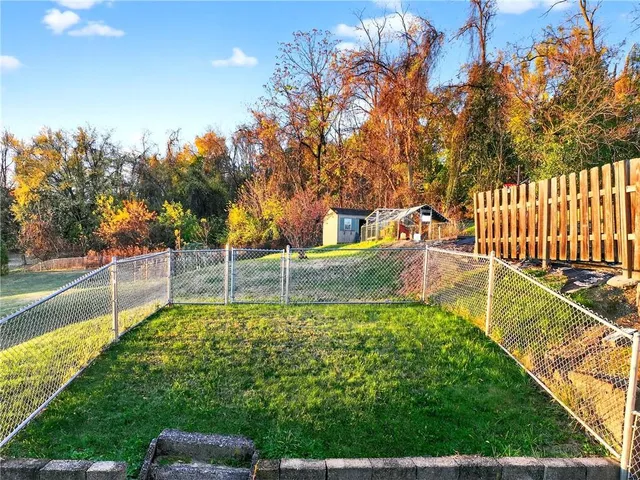 a view of a backyard with large trees