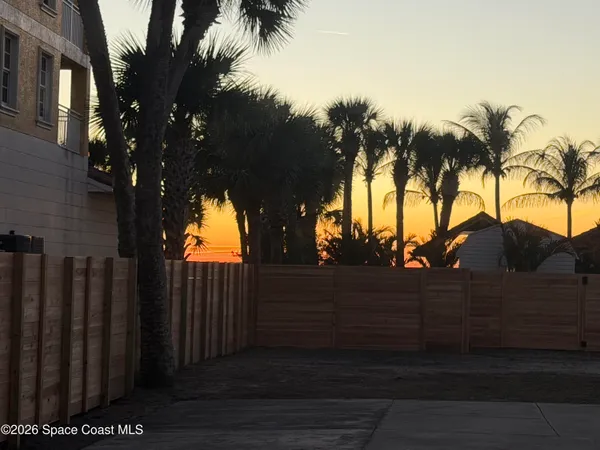 a view of outdoor space with deck and palm tree