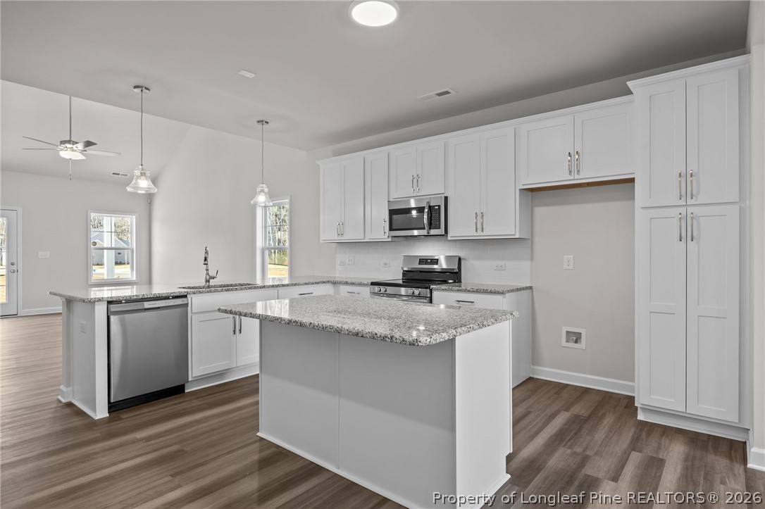 287 Elijah Way Vass, NC 28394 - Photo 18 of 49 a kitchen with stainless steel appliances granite countertop a stove a sink dishwasher a refrigerator and white cabinets with wooden floor