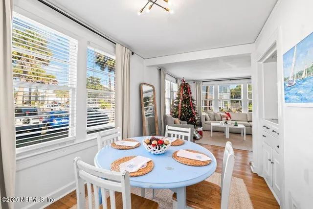 a view of a dining room with furniture and a window