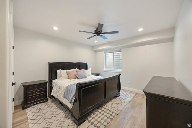 754 West 400 North, Unit 29 Mapleton, UT 84664 - Photo 14 of 25 Bedroom with light wood-style floors, a ceiling fan, and recessed lighting