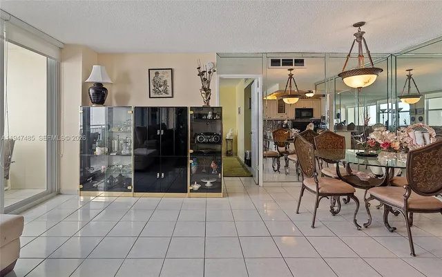 a view of a dining room with furniture