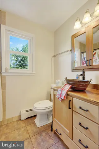 a bathroom with a sink a toilet and mirror