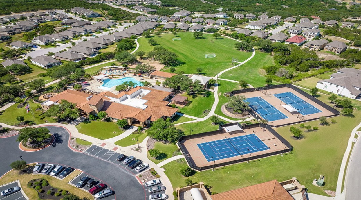 1912 Montella Way Leander, TX 78641 - Photo 28 of 31 an aerial view of a pool patio outdoor seating and outdoor kitchen