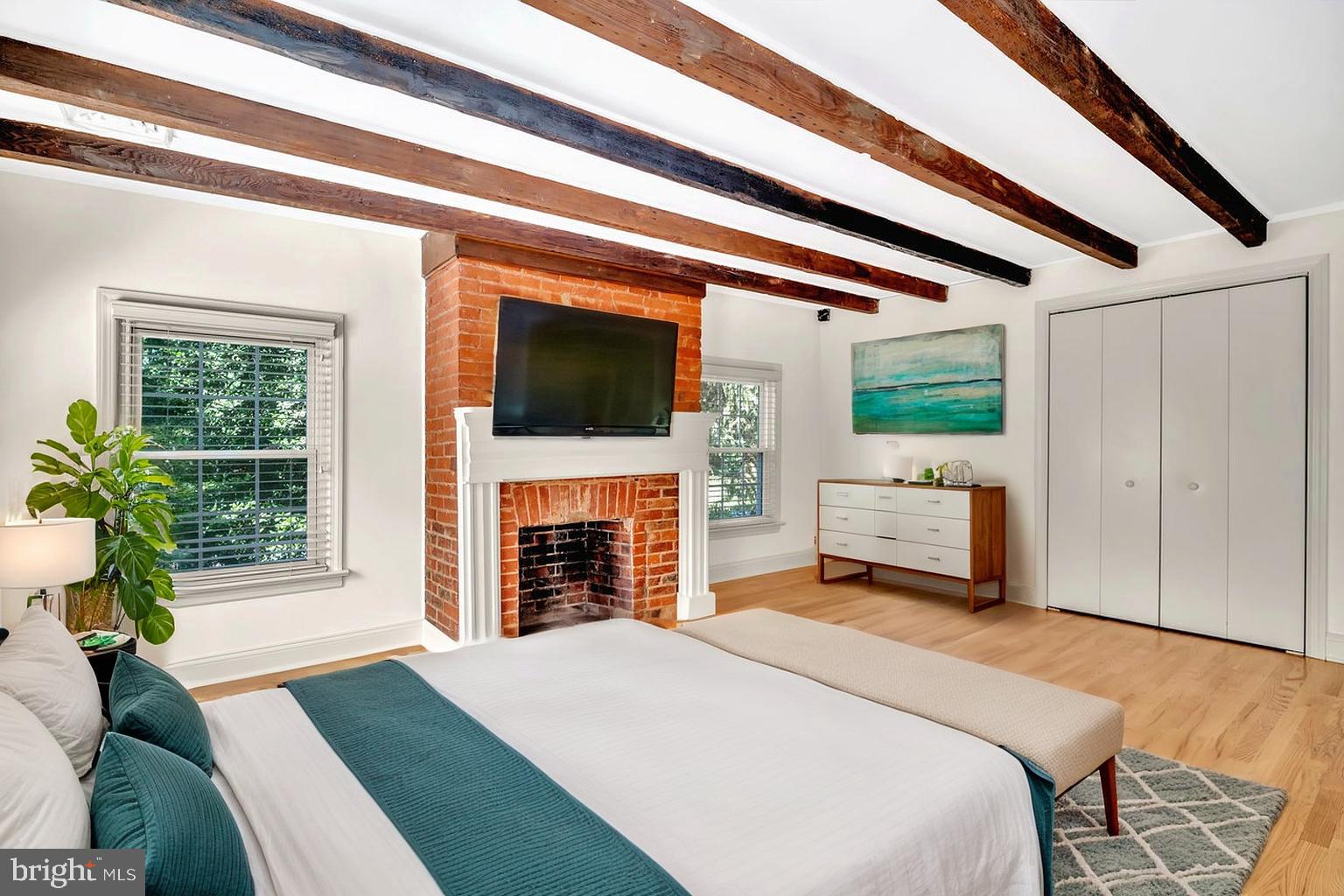 513 Cherry Valley Road Princeton, NJ 08540 - Photo 45 of 52 a bedroom with a bed a fireplace and a flat tv screen next to a window