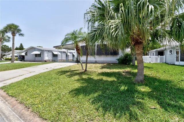 a view of a house with a yard and palm tree