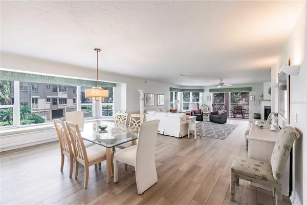 a view of a dining room with furniture window and outside view