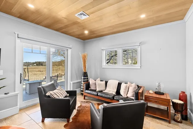 a living room with furniture and a floor to ceiling window