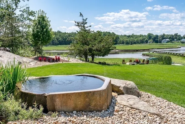 a view of a backyard with plants and lake view