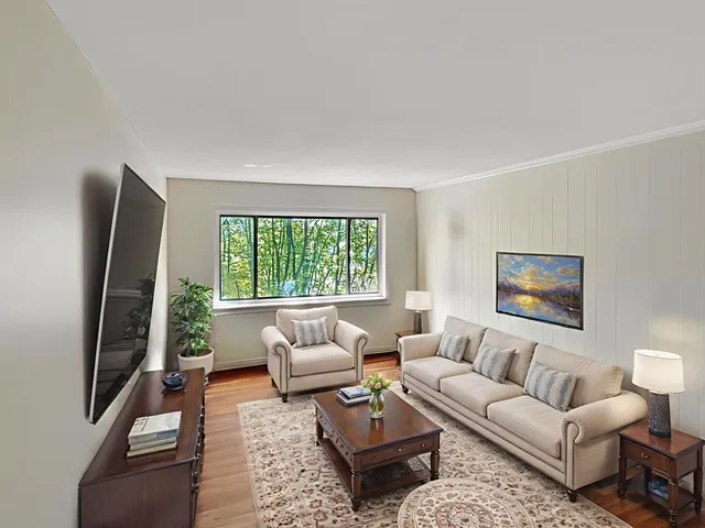 a living room with furniture a rug a large window and a flat screen tv