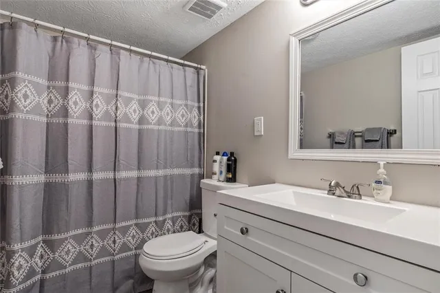 a bathroom with a sink a toilet and shower curtain