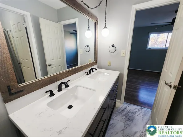 a bathroom with a sink and a mirror