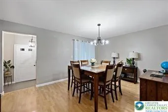 a view of a dining room with furniture