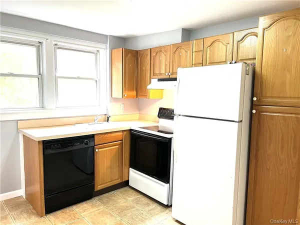 a kitchen with a refrigerator sink and cabinets