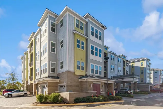 a front view of a multi story building