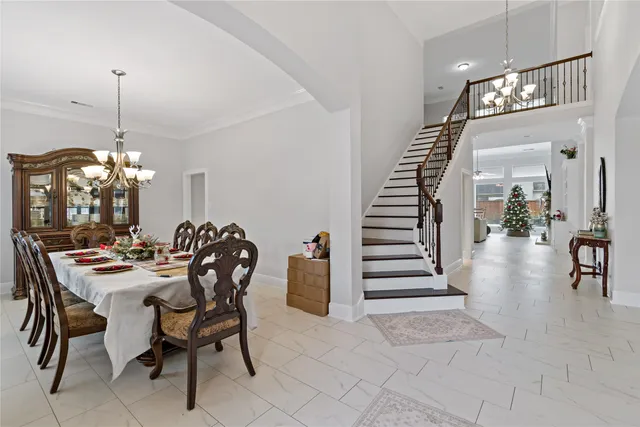 a view of a dining room with furniture