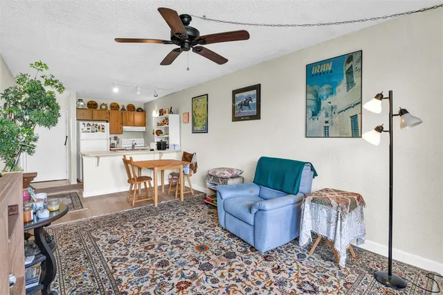 a living room with furniture and a dining table with rug