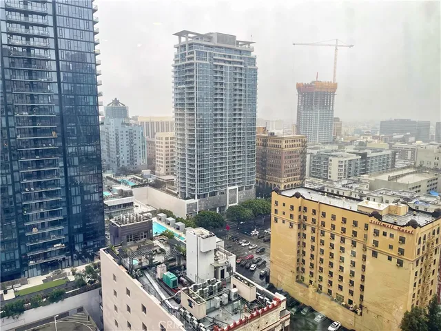 a city view with tall buildings