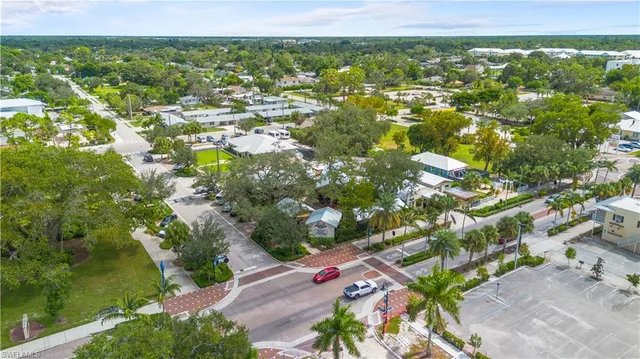 an aerial view of residential houses with outdoor space and trees