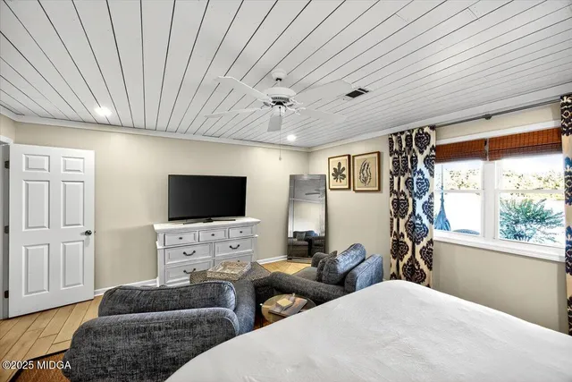 a view of a lake with a garden